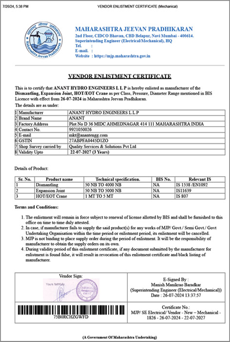 Maharashtra jeevan Pradhikaran, approved MJP, MJP approved vendor, MJP Dismantling joint, expansion Joint, HOT cranes,EOT Cranes, Pipe specials